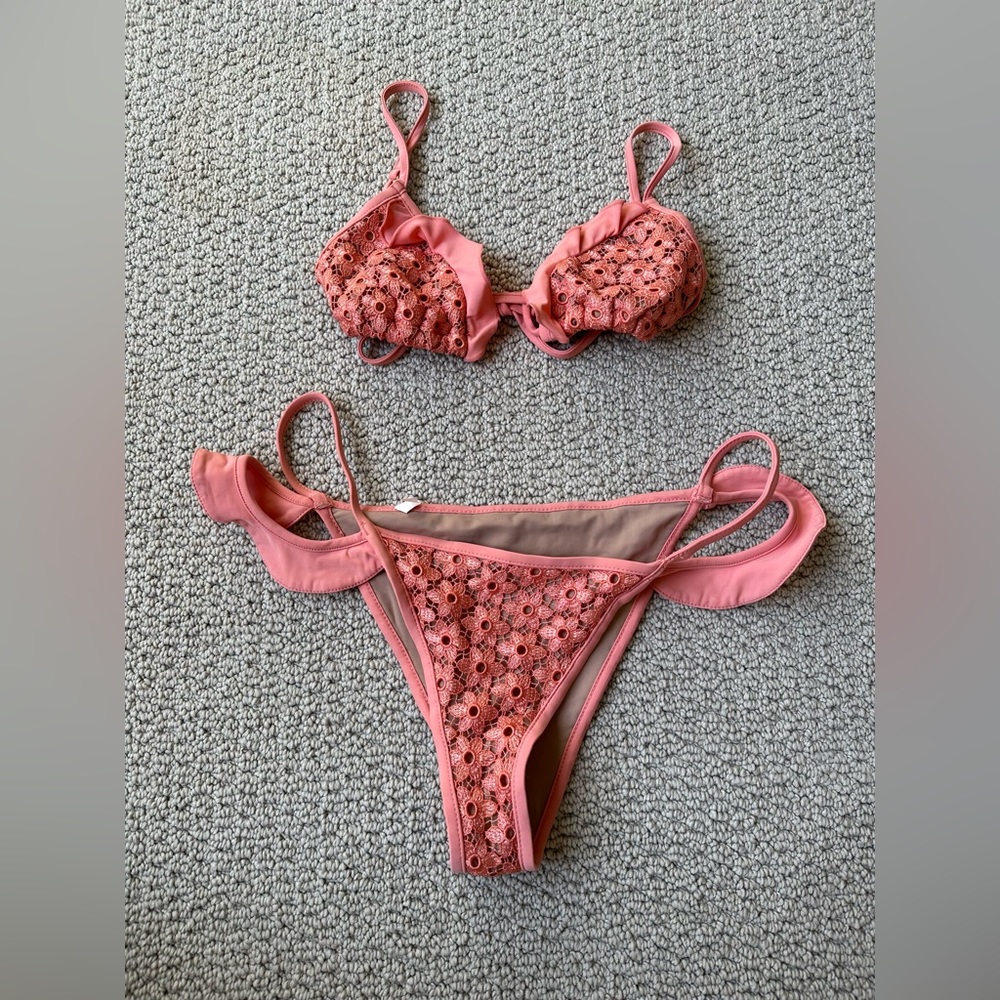 For Love and Lemons Pink Floral Ruffle Bikini